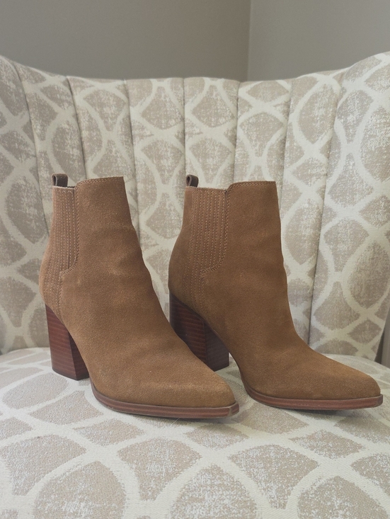 Marc Fisher Shoes - Marc Fisher Tan Suede Ankle Booties with Stacked Heel